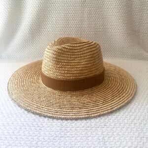 GIGI Pip Straw Raffia Isla Fedora Tan Strap One Size Summer Beach Boho NWOT